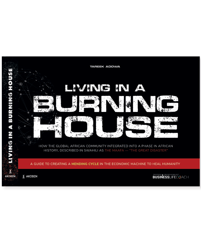 Depiction of the burden of enduring 'Living In A Burning House' across generations, symbolizing systemic injustices perpetuated by the global economy being weaponized against individuals based on their skin color.