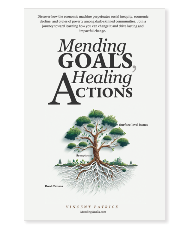 Image of diverse group discussing economic inequality and taking action to drive positive change. #MendingGoalsHealingActions